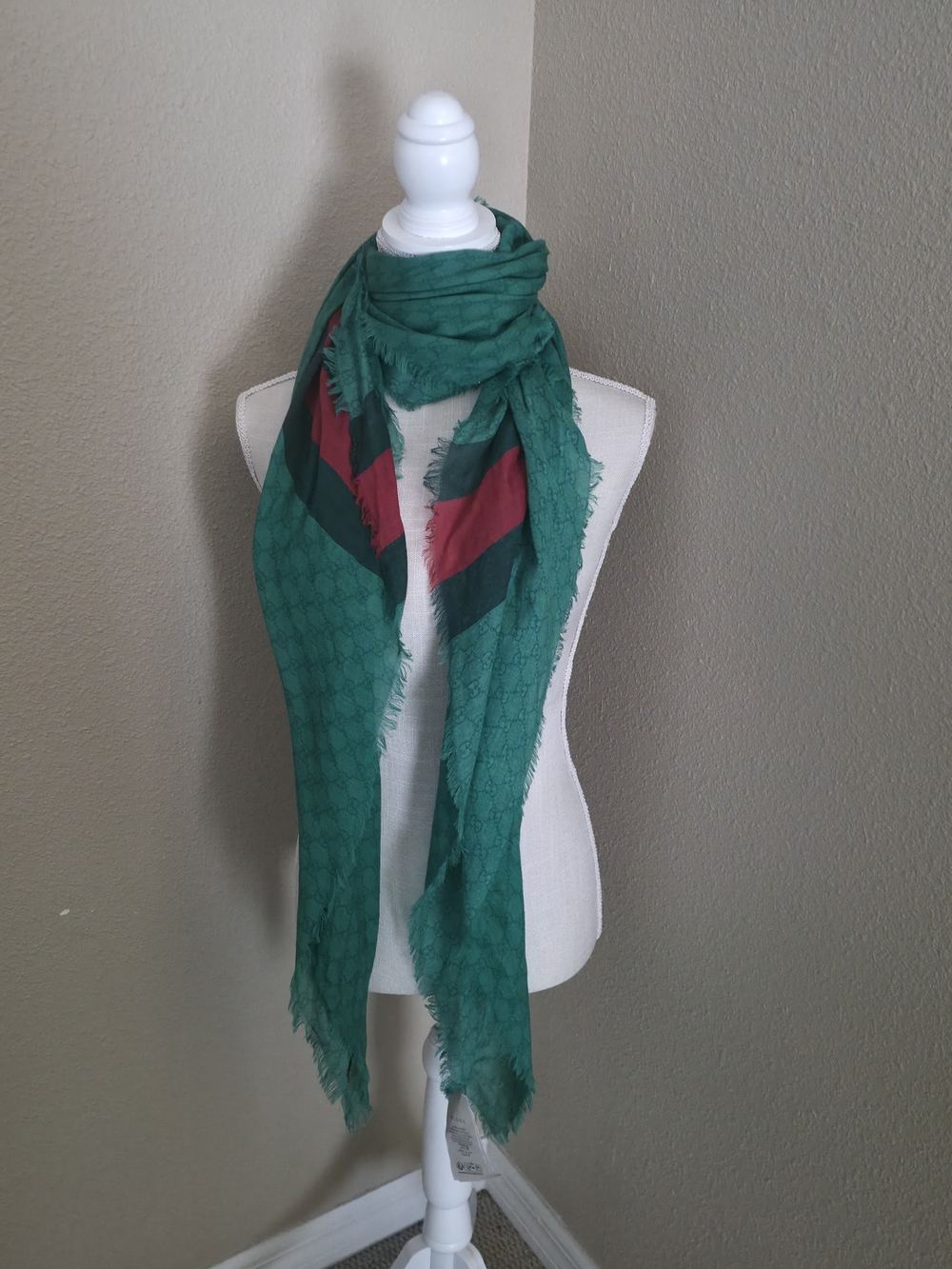 Gucci Green Scarf with Red and Dark Green Stripes